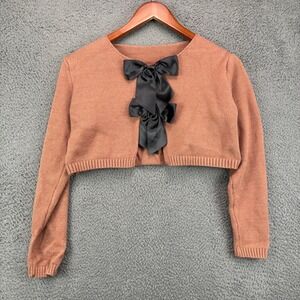 SHEIN Women Brown Cropped Knit Bolero Shrug Cardigan with Black Satin Bows S